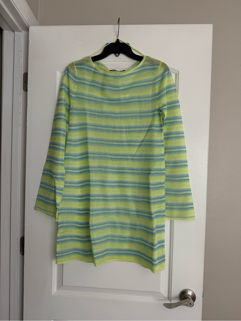 Zara Lime Green and Light Blue Striped Long Sleeve Dress